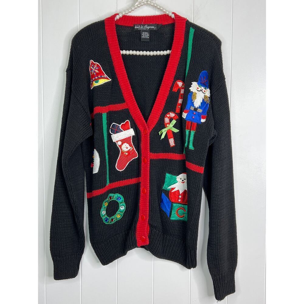 VTG Work in Progress Black and Red‎ Christmas Decoration Cardigan Size Med